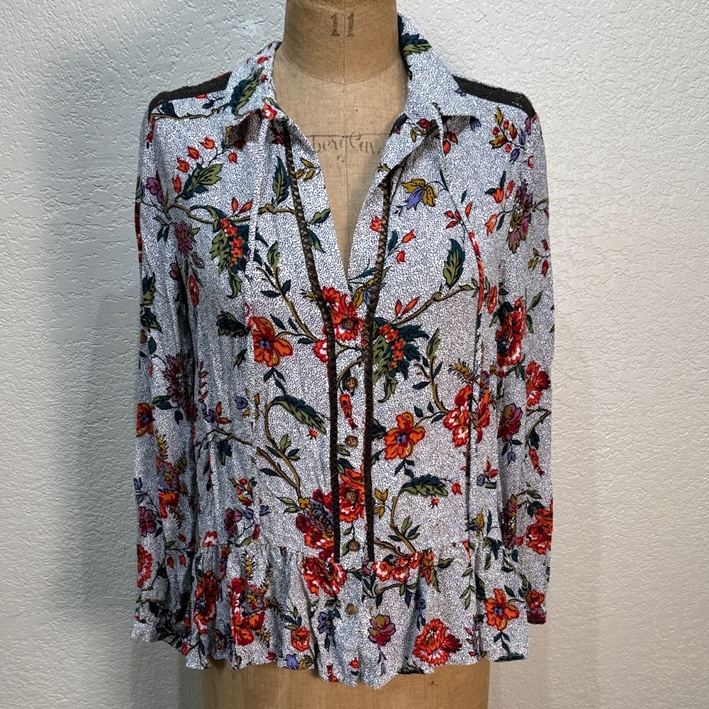 Anthropologie Maeve‎ Women Size 6 Floral Long Sleeve Button-Up Ruffle Blouse